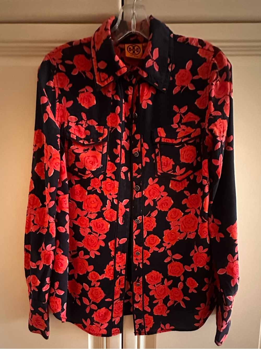 Tory Burch Navy Blouse with Pink Floral Print